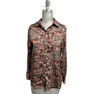 Elie Tahari Long Sleeve Floral Pomegranate Button Down Blouse Elegant Size M